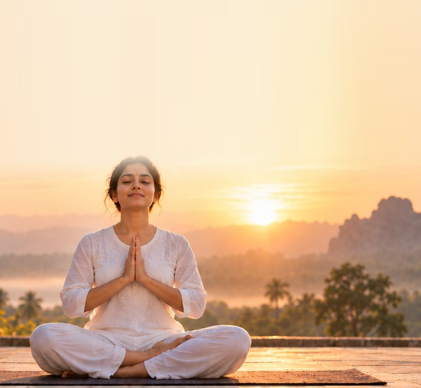 A woman meditating in prayer pose on a terrace at sunrise