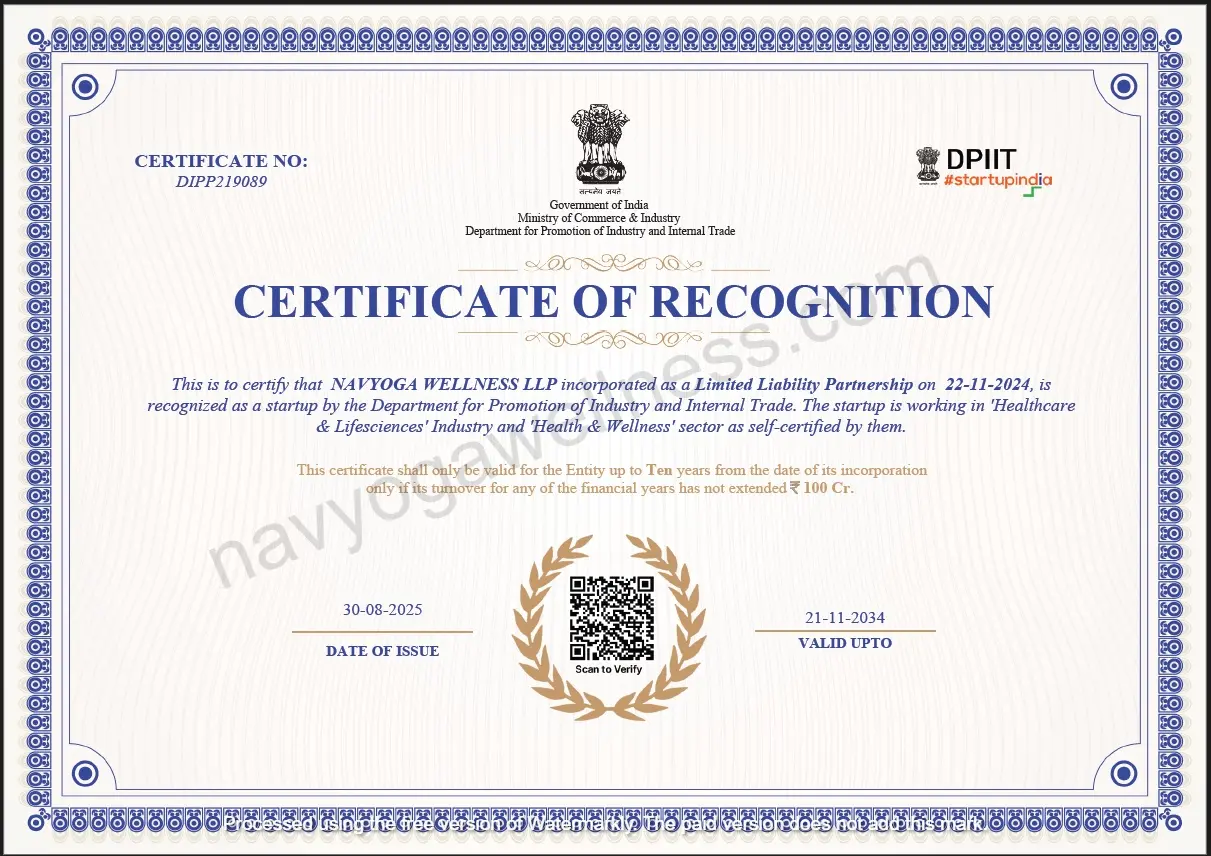 DPIIT Startup India Recognition Certificate — Navyoga Wellness